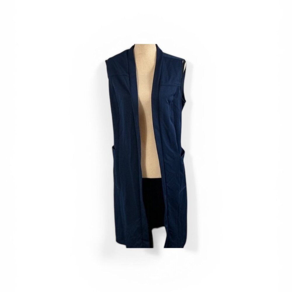 Navy Blue Longline Open Front Vest Cover-Up – Lightweight Sleeveless Layer (S/M)